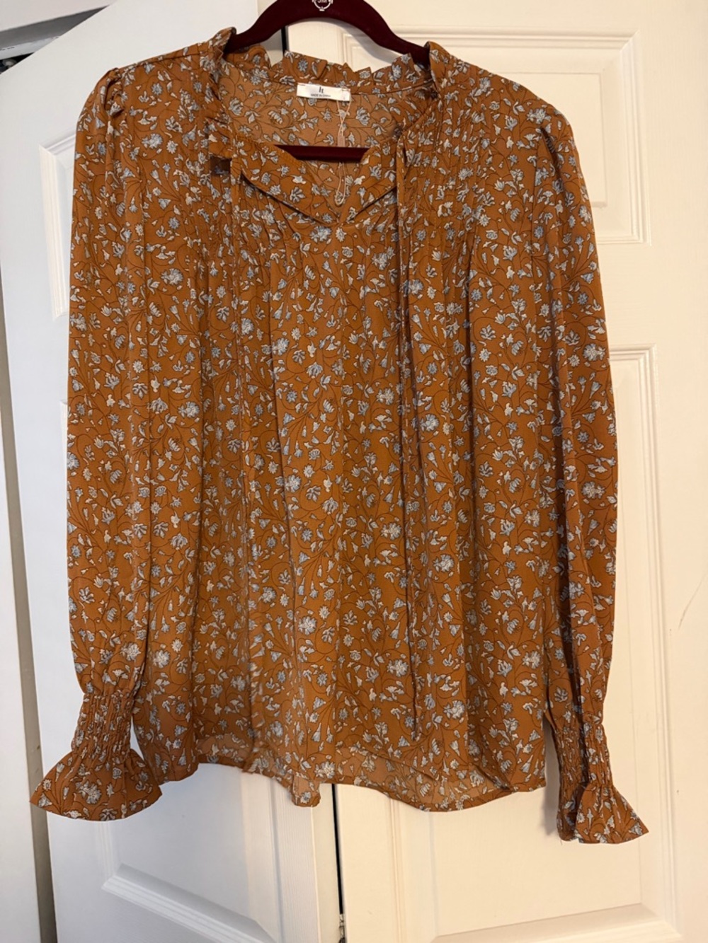 Women's Floral Tie-Neck Blouse - Honey Mustard